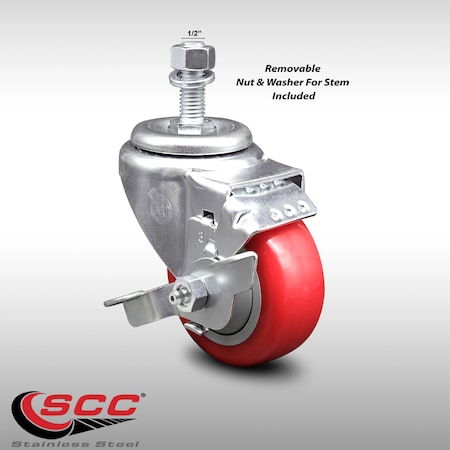 Service Caster 3 Inch SS Red Polyurethane Wheel Swivel 1/2 Inch Threaded Stem Caster with Brake SCC-SSTS20S314-PPUB-RED-TLB-121315